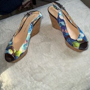 Marc Fisher Floral Wedge Sandals Peep Toe Slingback Cork Heel Women US Size 7M